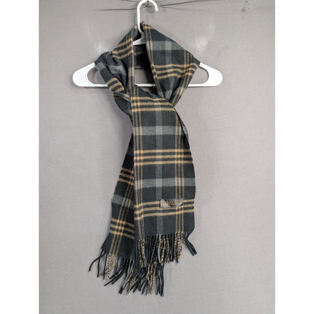 Vintage 100% Cashmere Scarf Made in England Plaid Green Tan Fringed Winter